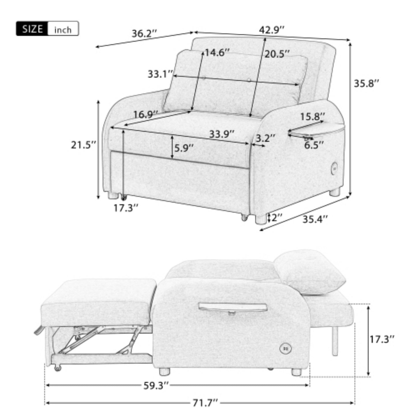 Canapé-lit gigogne 3 en 1 avec table à oreilles pliable et ports USB par Harper&Bright Designs