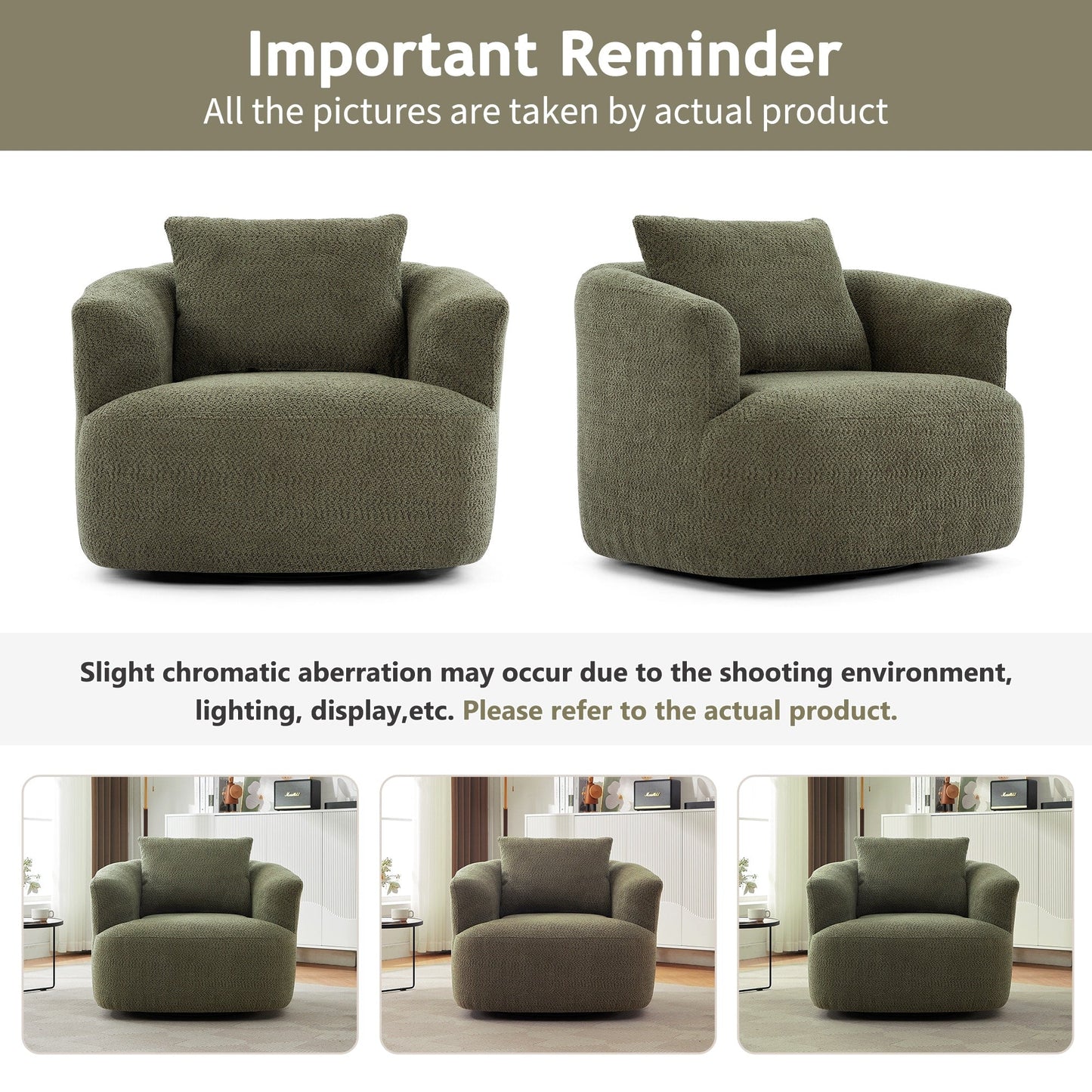 Fauteuil pivotant à 360°, fauteuil d'appoint en boucle de 38,2" avec coussin décoratif, fauteuil rembourré en forme de tonneau avec accoudoirs incurvés