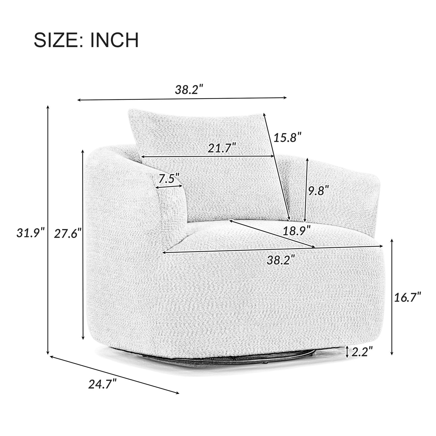 Fauteuil pivotant à 360°, fauteuil d'appoint en boucle de 38,2" avec coussin décoratif, fauteuil rembourré en forme de tonneau avec accoudoirs incurvés