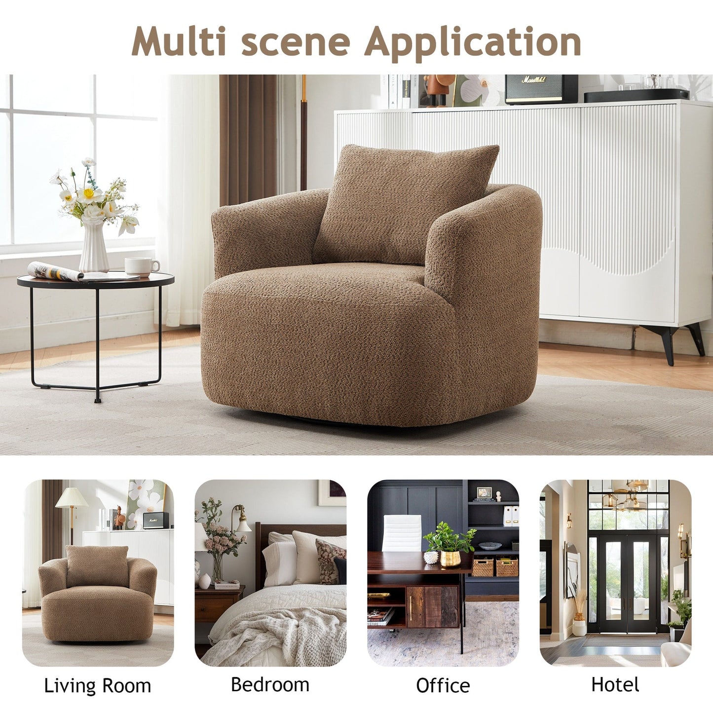 Fauteuil pivotant à 360°, fauteuil d'appoint en boucle de 38,2" avec coussin décoratif, fauteuil rembourré en forme de tonneau avec accoudoirs incurvés