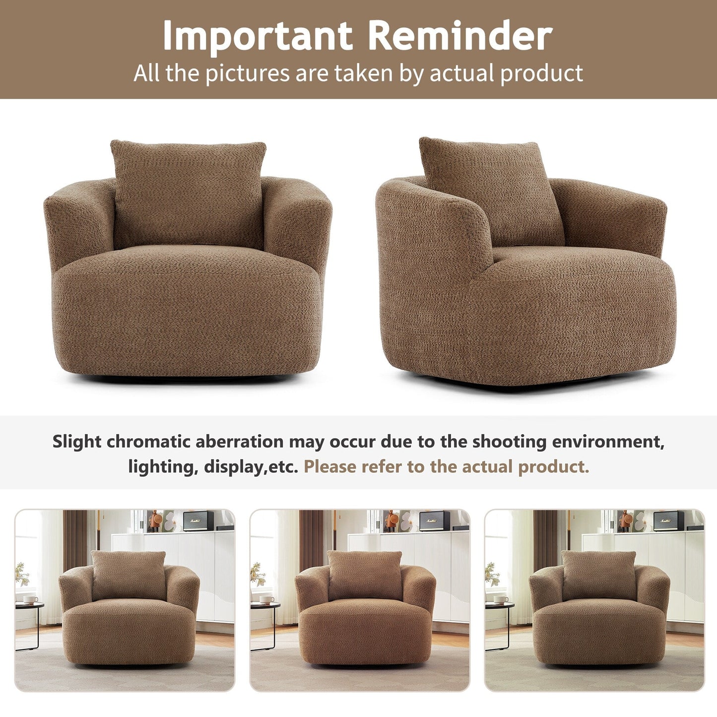 Fauteuil pivotant à 360°, fauteuil d'appoint en boucle de 38,2" avec coussin décoratif, fauteuil rembourré en forme de tonneau avec accoudoirs incurvés