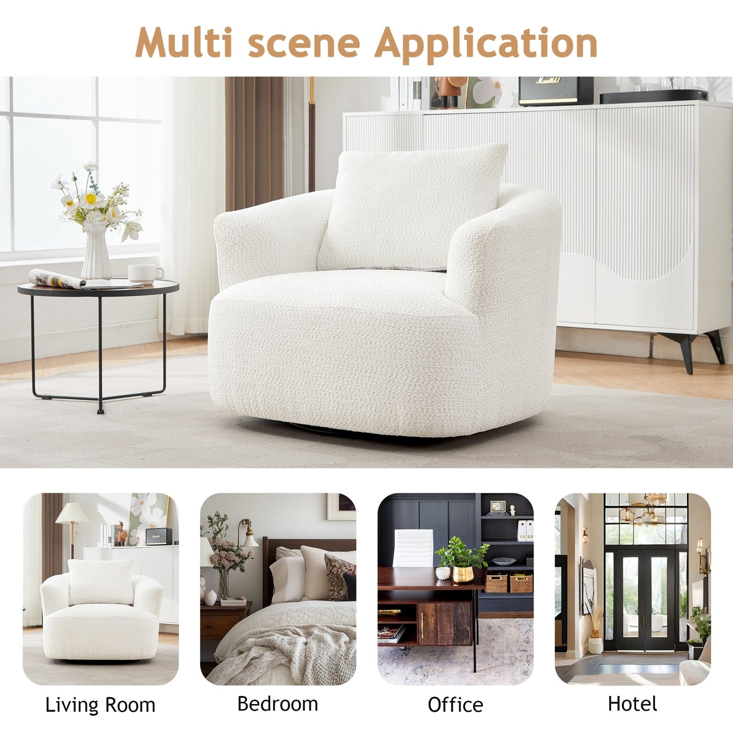 Fauteuil pivotant à 360°, fauteuil d'appoint en boucle de 38,2" avec coussin décoratif, fauteuil rembourré en forme de tonneau avec accoudoirs incurvés