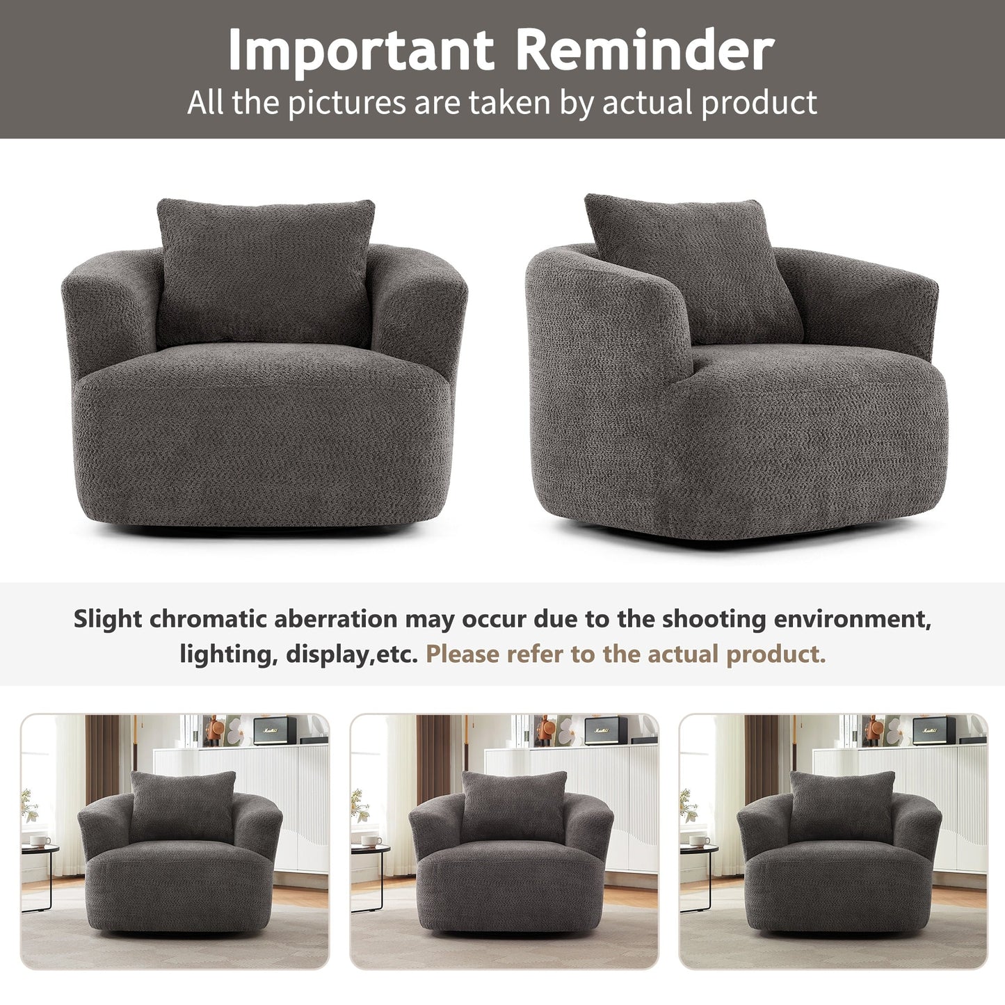 Fauteuil pivotant à 360°, fauteuil d'appoint en boucle de 38,2" avec coussin décoratif, fauteuil rembourré en forme de tonneau avec accoudoirs incurvés