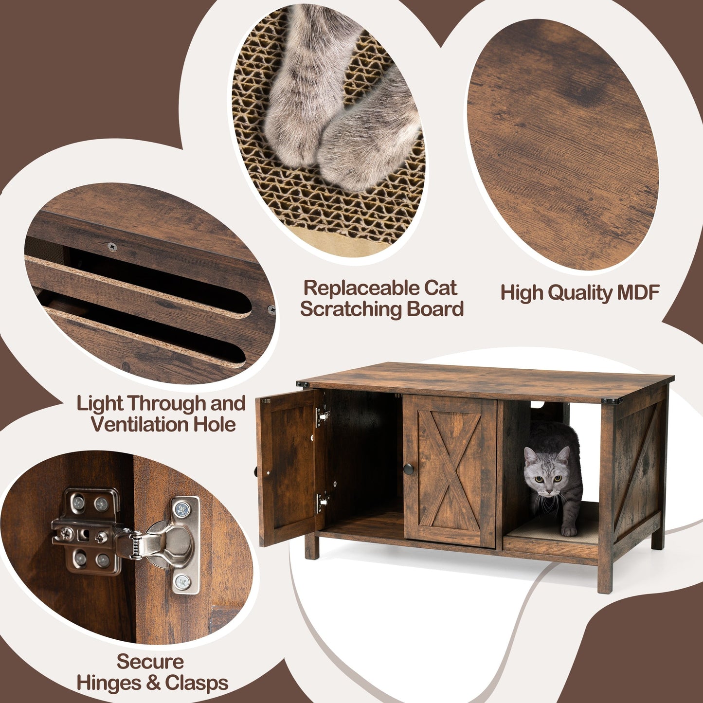 Enceinte de litière pour chat, meuble de toilette en bois caché avec griffoir