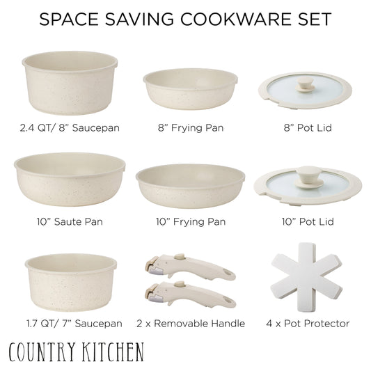 Country Kitchen RV Cookware- 13 Piece Aluminum Pots and Pans with Removable Handle Oven Safe