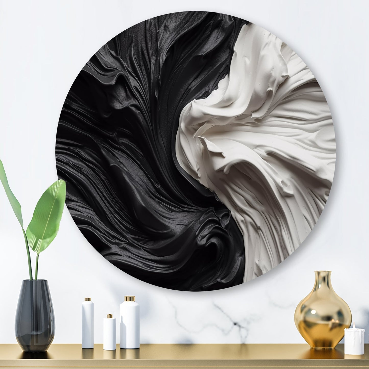 Designart Noir Blanc Marbré Dreamscape V Art Mural Rond Géométrique Moderne en Métal