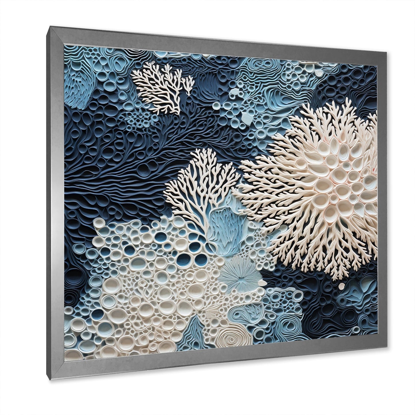 Designart Under Water Blue And White Corals Collage Coastal Framed Wall Art