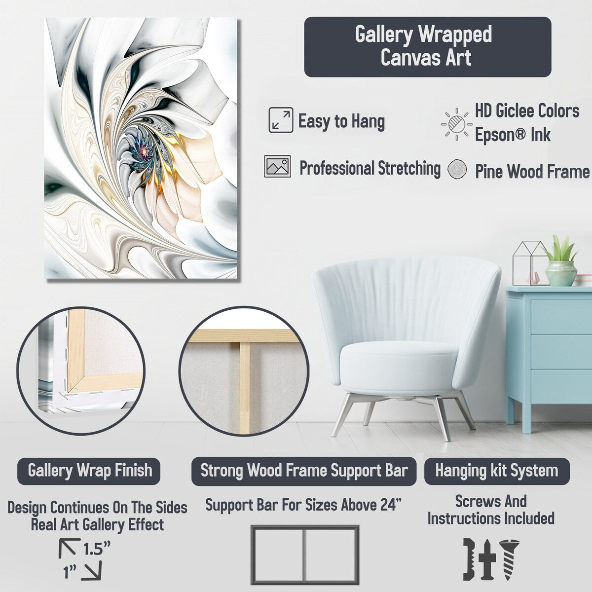 Designart Spirale de plumes blanches et bleues II Art mural géométrique abstrait Bleu - Toile tendue moderne pour décoration de couloir