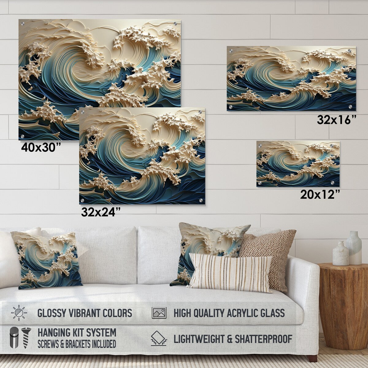 Décoration murale brillante Designart en papier découpé motif vagues blanches et bleues, style III, vagues côtières - Décoration murale en acrylique côtière pour chambre