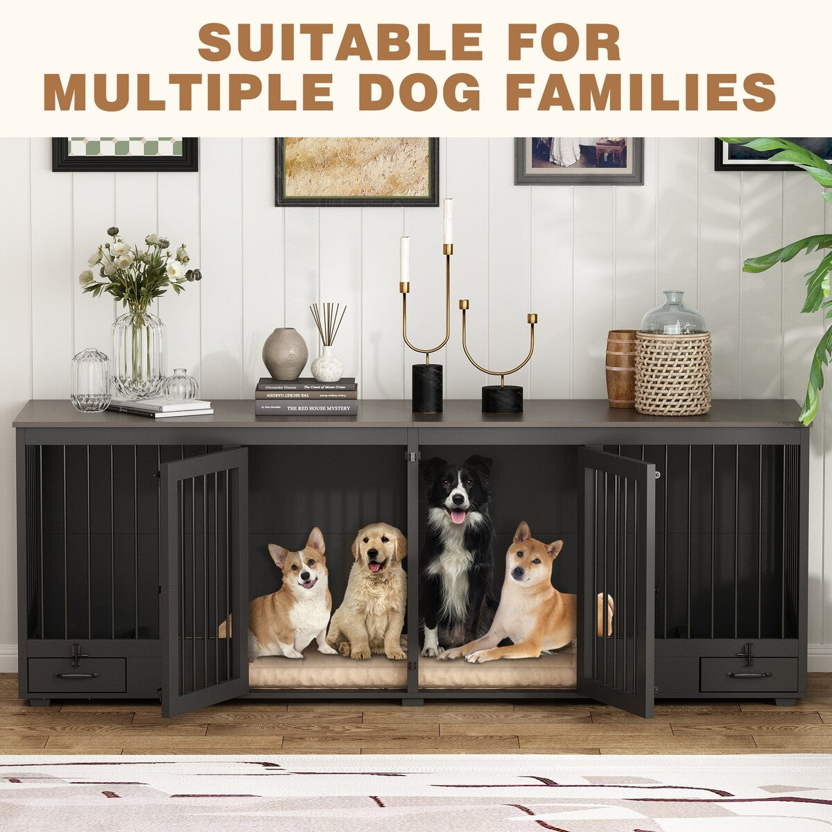 Meubles pour cage à chien - Niche en bois avec séparateur de pièce et 2 tiroirs
