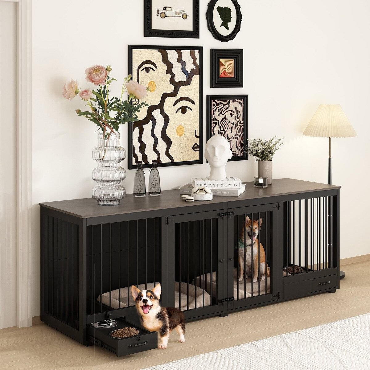 Meubles pour cage à chien - Niche en bois avec séparateur de pièce et 2 tiroirs