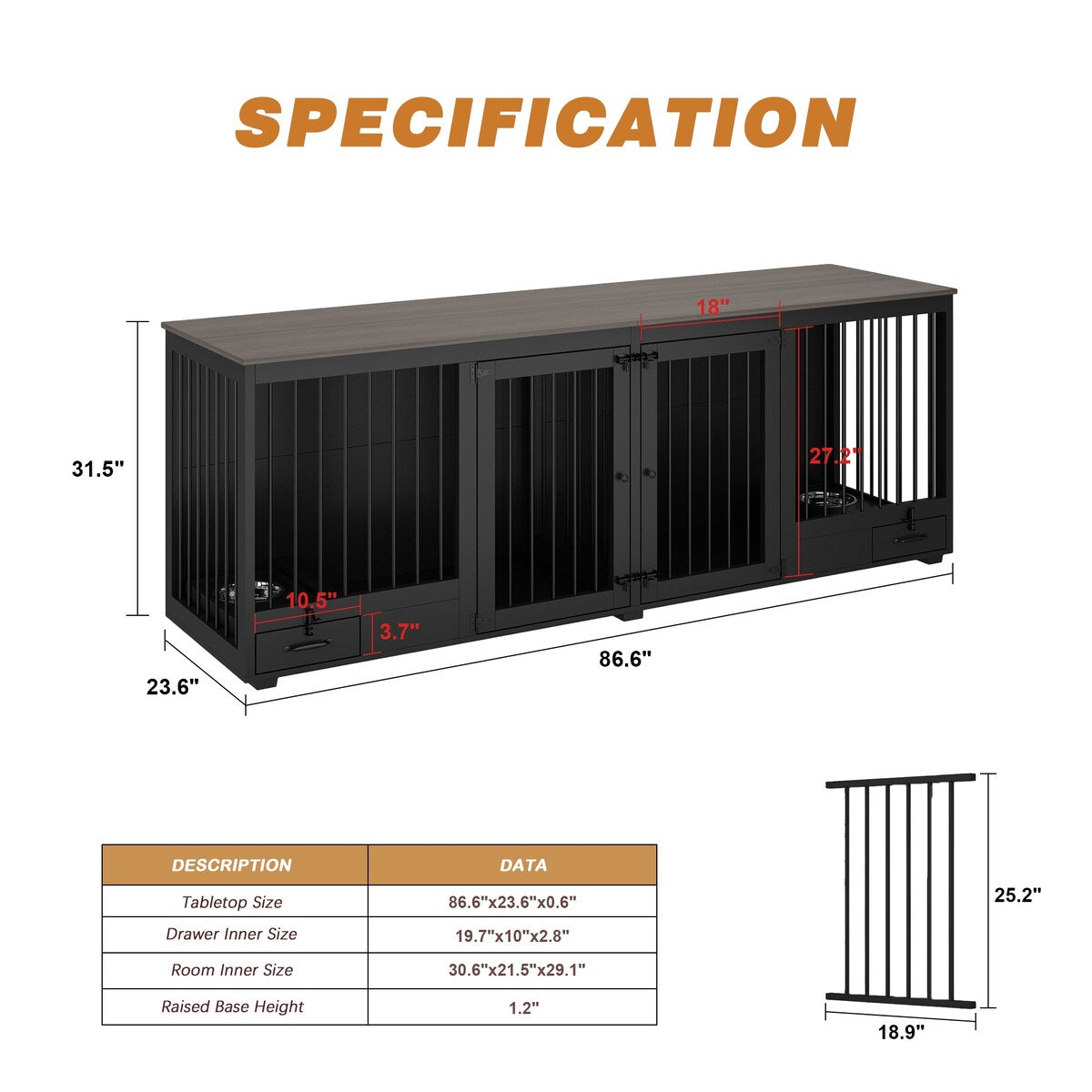 Meubles pour cage à chien - Niche en bois avec séparateur de pièce et 2 tiroirs