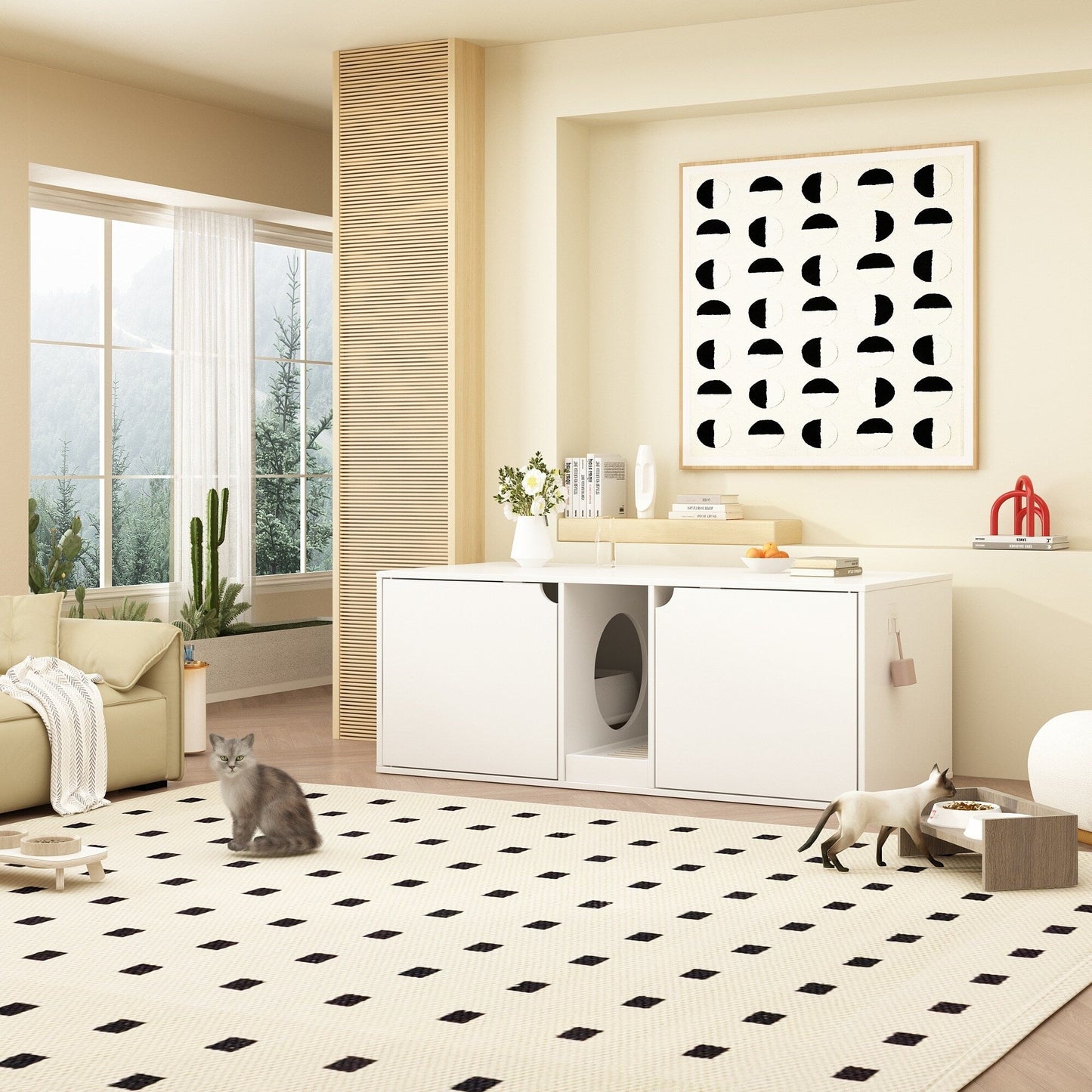 Meuble multifonctionnel pour bac à litière à double compartiment