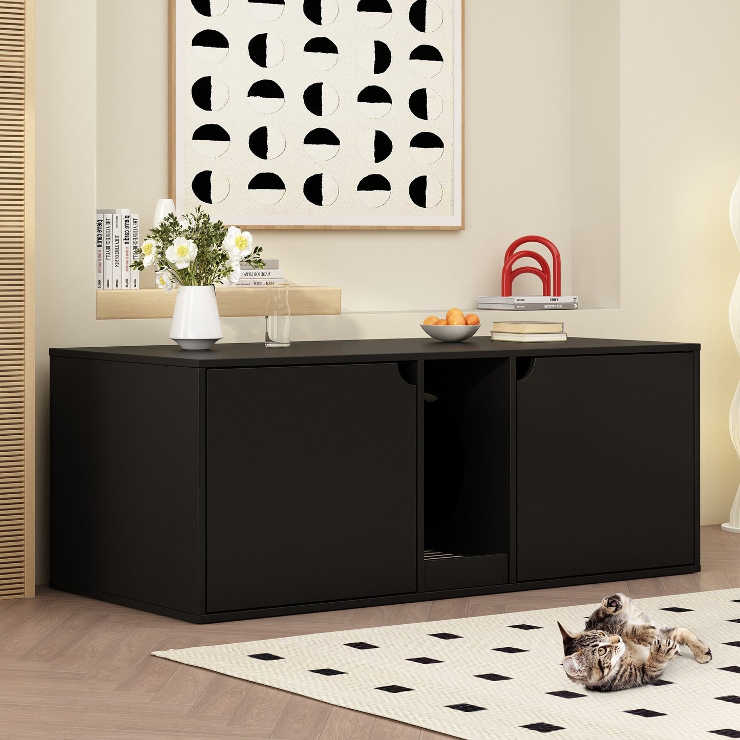 Meuble multifonctionnel pour bac à litière à double compartiment