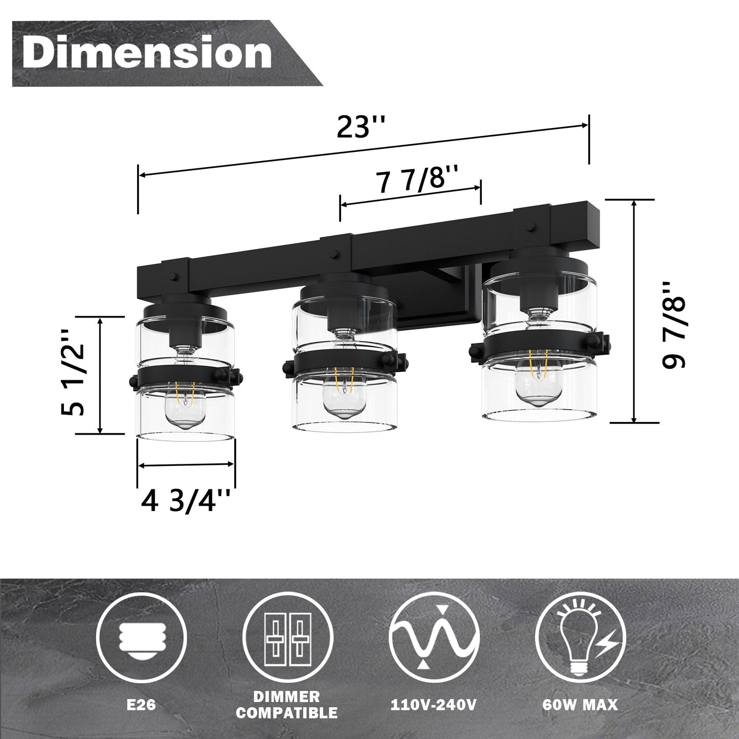 ExBrite Farmhouse 3-lights Bathroom Dimmable Iron Black Vanity Lights Wall Sconces