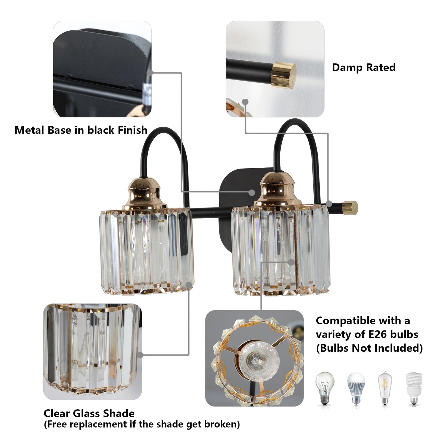 ExBrite Modern Rose Gold 1/2/3/4/5-light Bathroom Dimmable Crystal Vanity Lights Wall Sconces