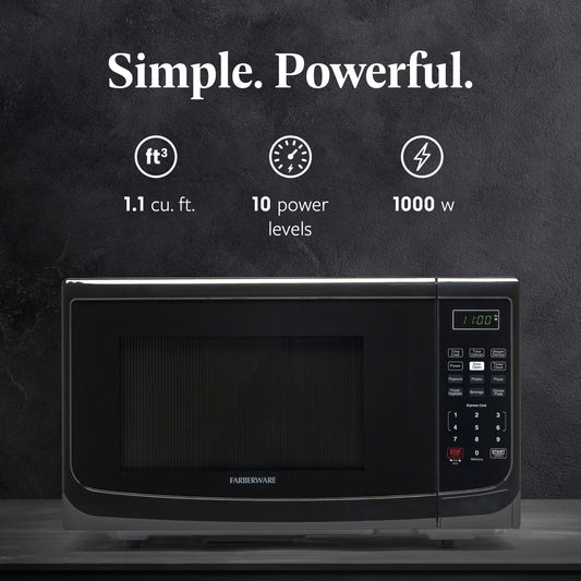 Four à micro-ondes de comptoir Farberware de 1 000 W et 1,1 pi³ avec éclairage LED et verrouillage enfant