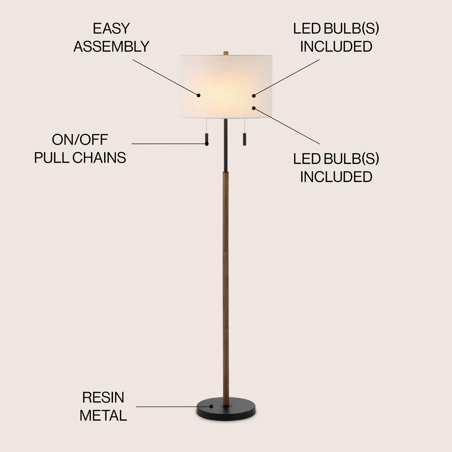 Lampe de sol à LED Koda 61, style rustique, style ferme, avec chandelier en fer et chaînes de traction, finition bois marron/noir, par JONATHAN Y
