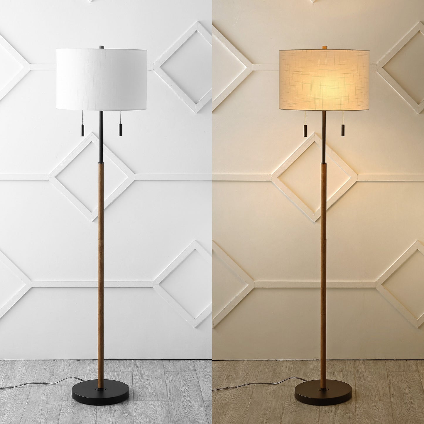 Lampe de sol à LED Koda 61, style rustique, style ferme, avec chandelier en fer et chaînes de traction, finition bois marron/noir, par JONATHAN Y
