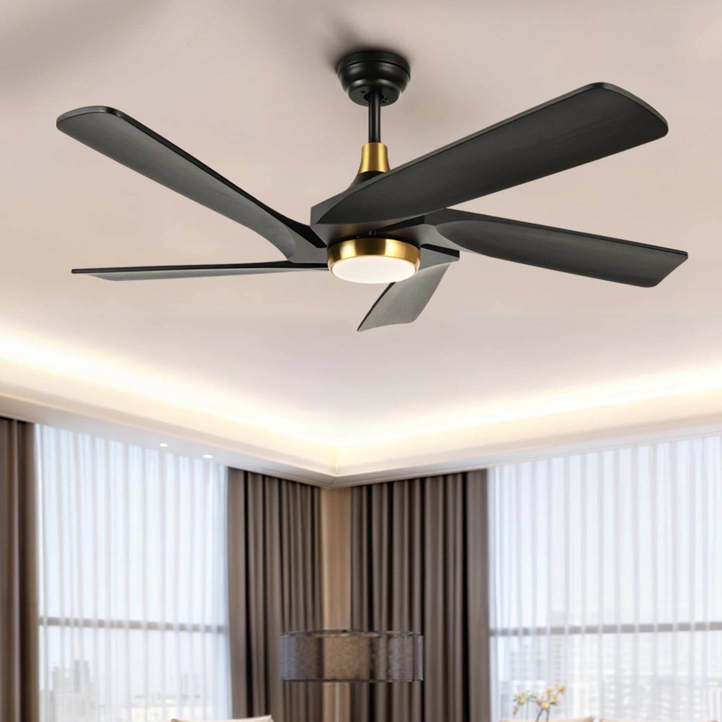 Ventilateur de plafond moderne Moasis 52 avec télécommande, éclairage et 5 pales en bois massif