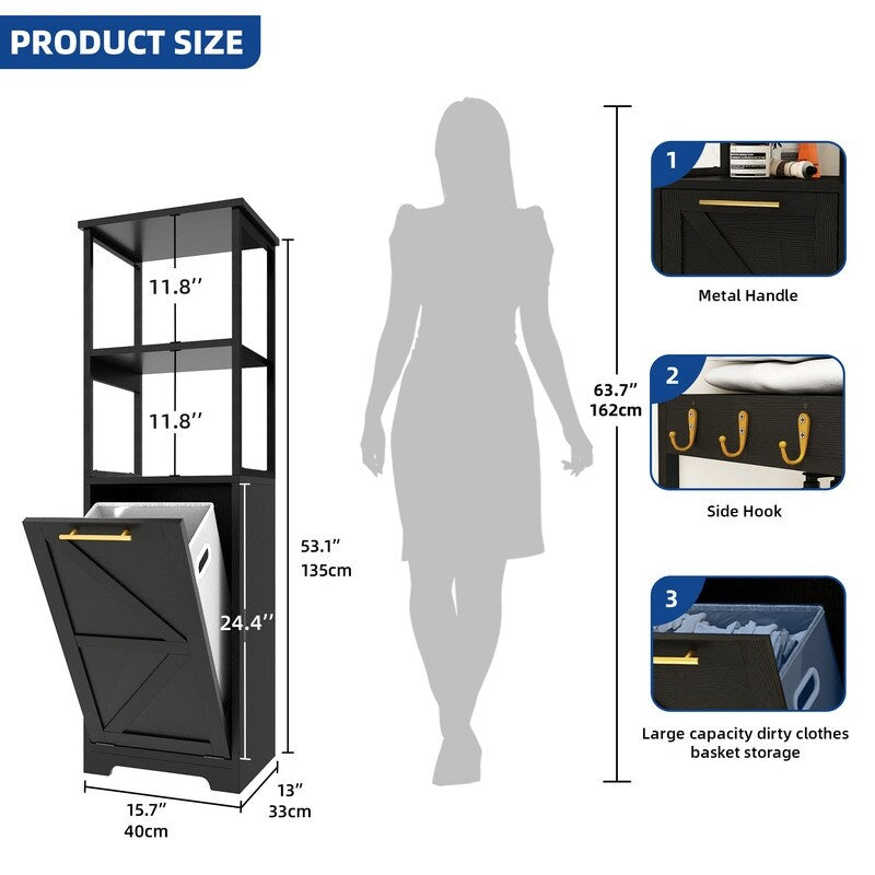 Étagère de rangement pour salle de bain Moasis 53H à 3 niveaux avec panier à linge inclinable