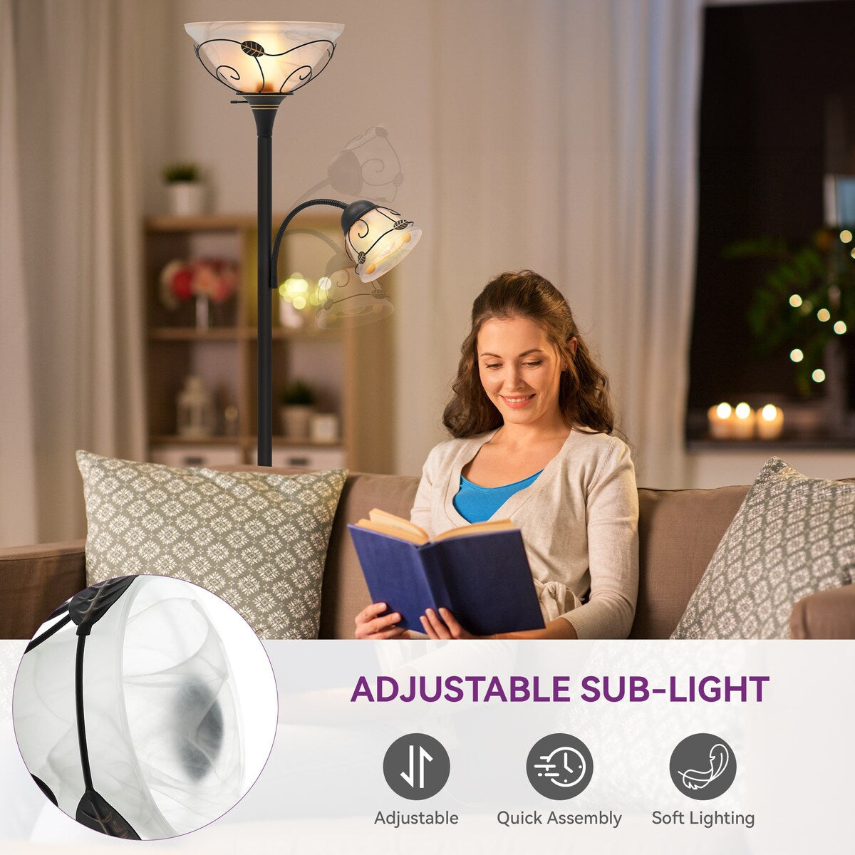 Lampadaire torchère traditionnel Moasis 71 avec lampe de lecture réglable, abat-jour en verre albâtre - 71H