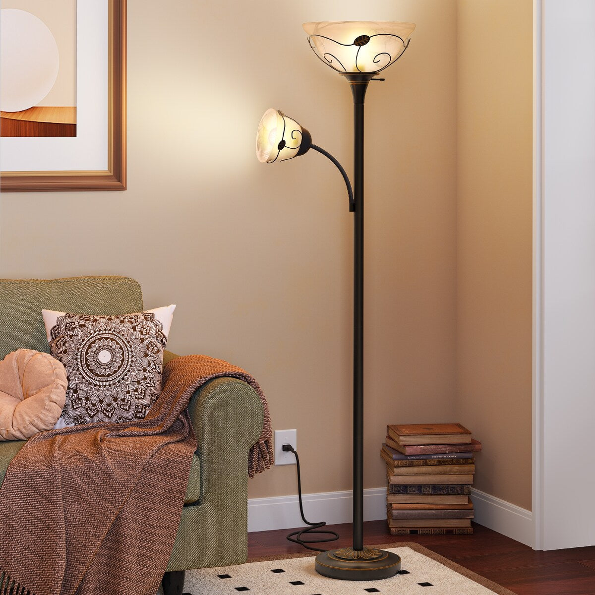 Lampadaire torchère traditionnel Moasis 71 avec lampe de lecture réglable, abat-jour en verre albâtre - 71H