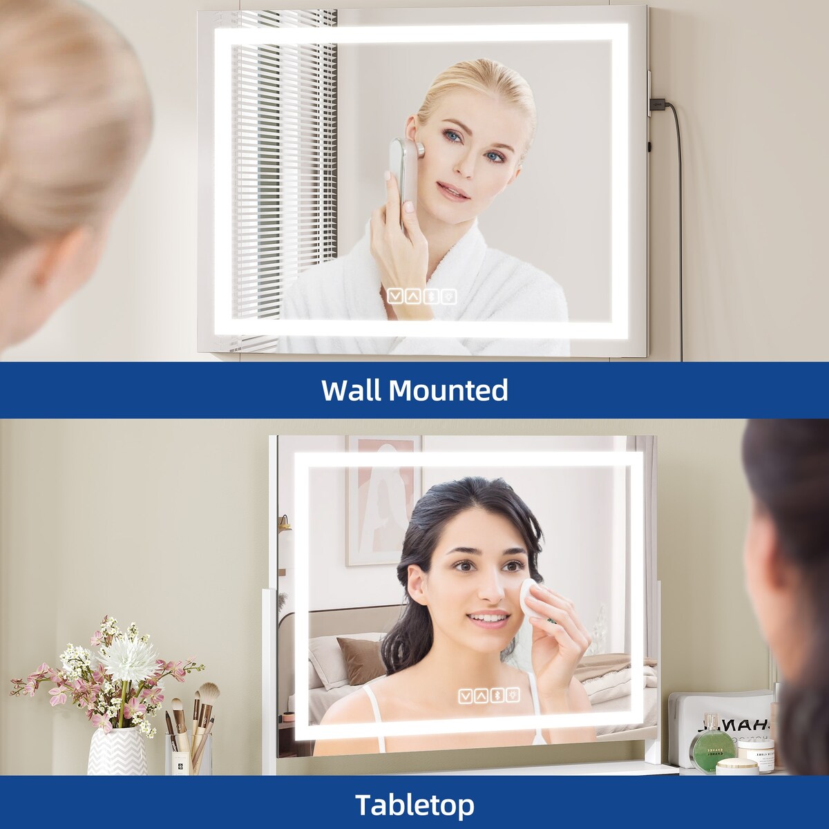 Miroir de maquillage Moasis avec éclairage LED, port de chargement USB, grossissement x10, haut-parleur Bluetooth