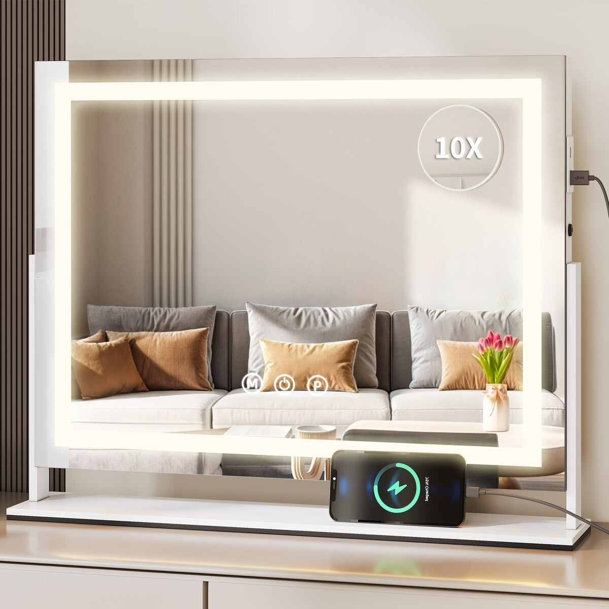 Miroir de maquillage Moasis avec éclairage LED, port de chargement USB, grossissement x10, haut-parleur Bluetooth
