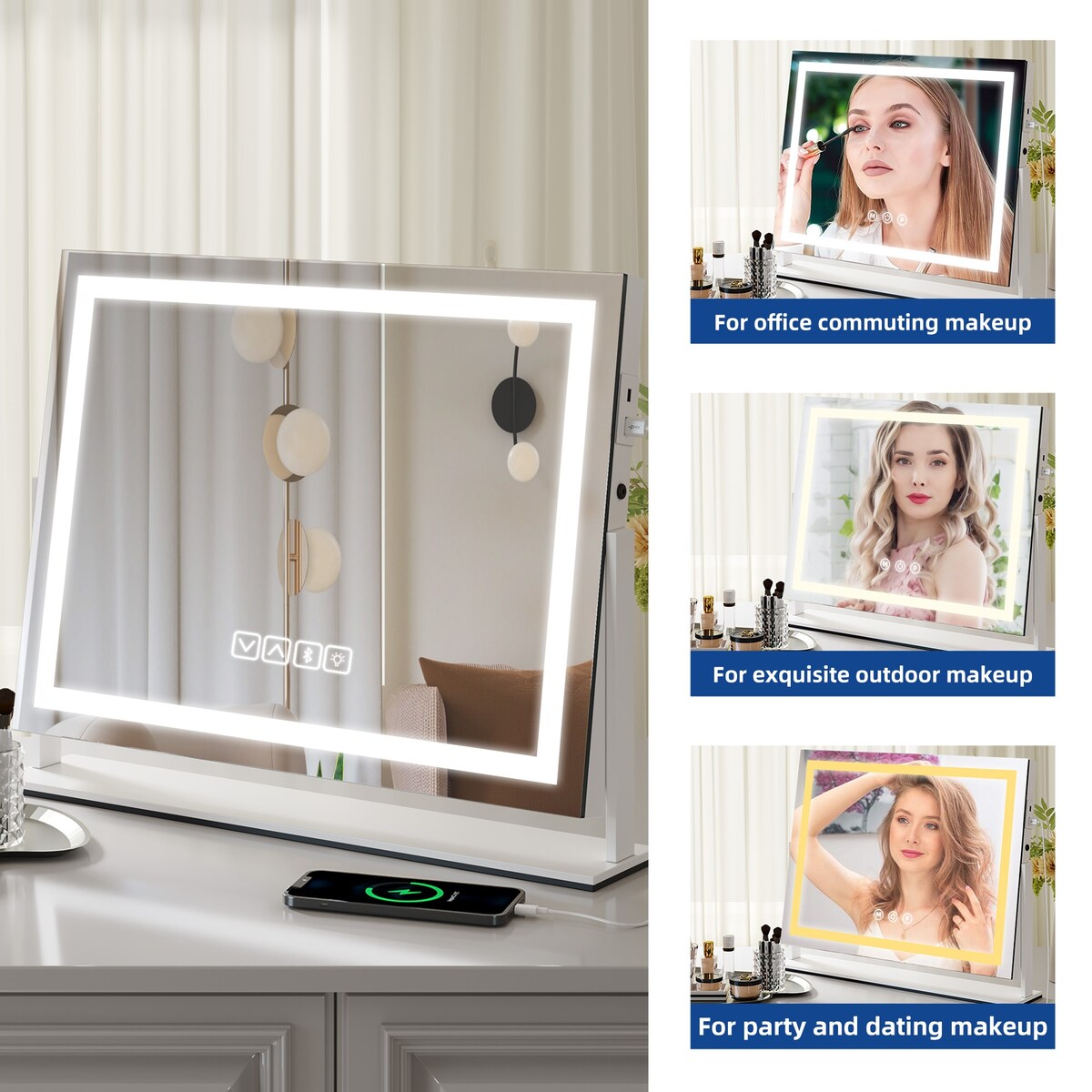 Miroir de maquillage Moasis avec éclairage LED, port de chargement USB, grossissement x10, haut-parleur Bluetooth