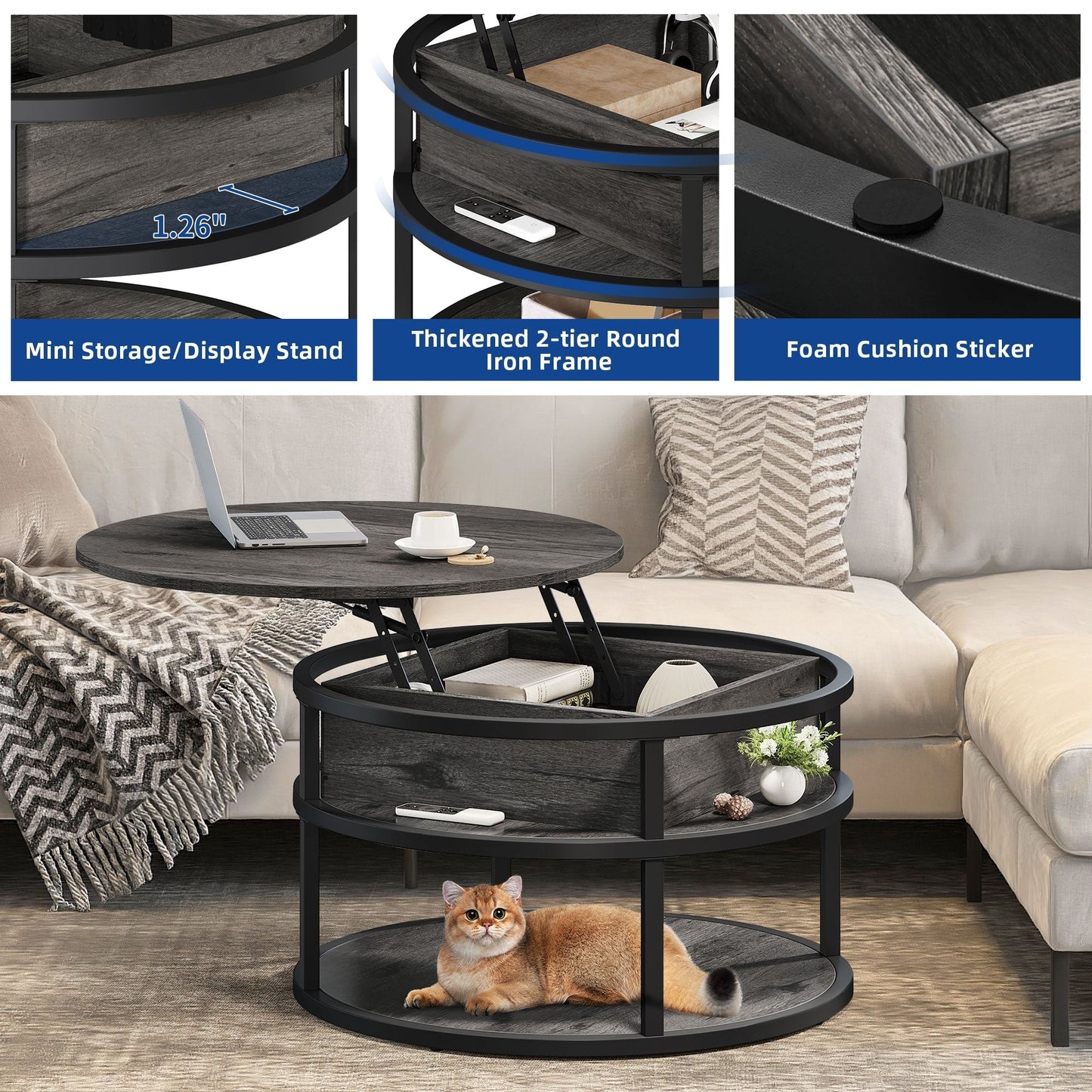 Table basse ronde relevable Moasis avec rangement dissimulé