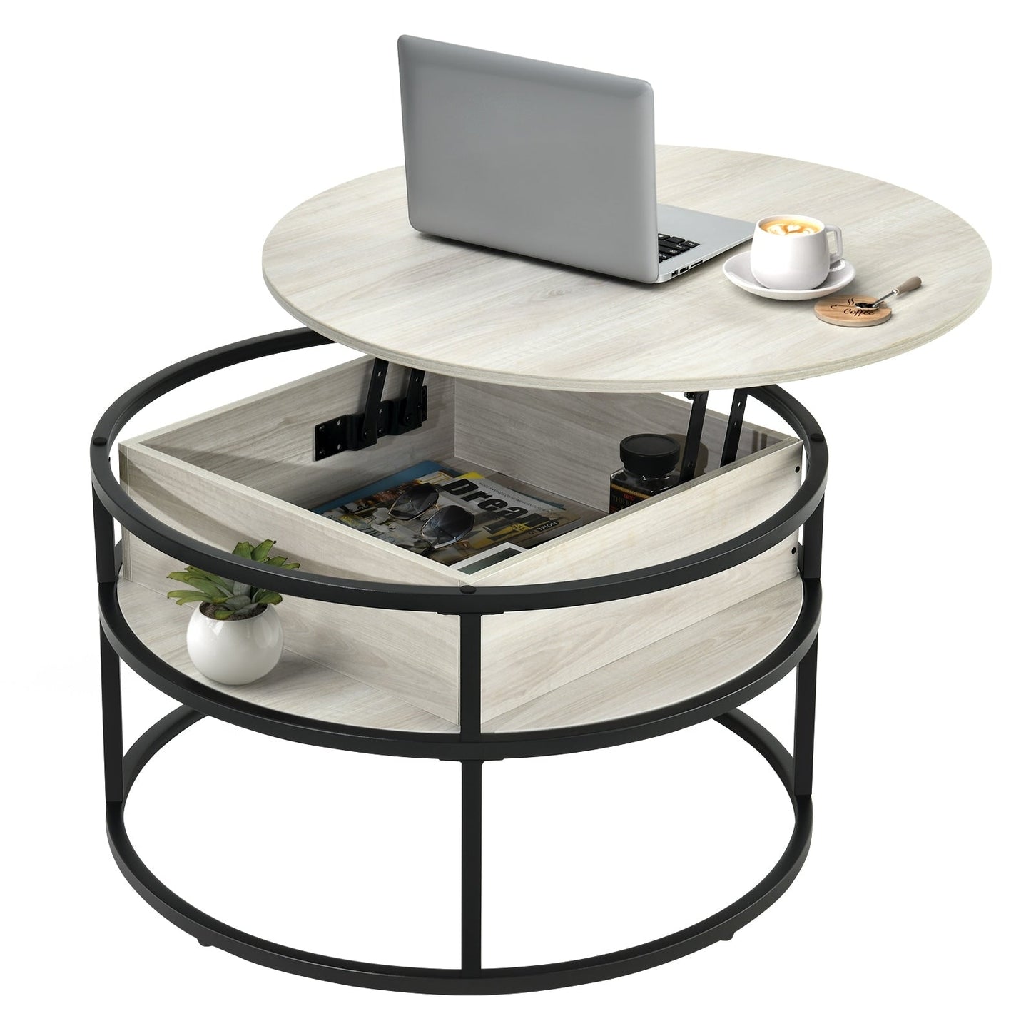 Table basse ronde relevable Moasis avec rangement dissimulé