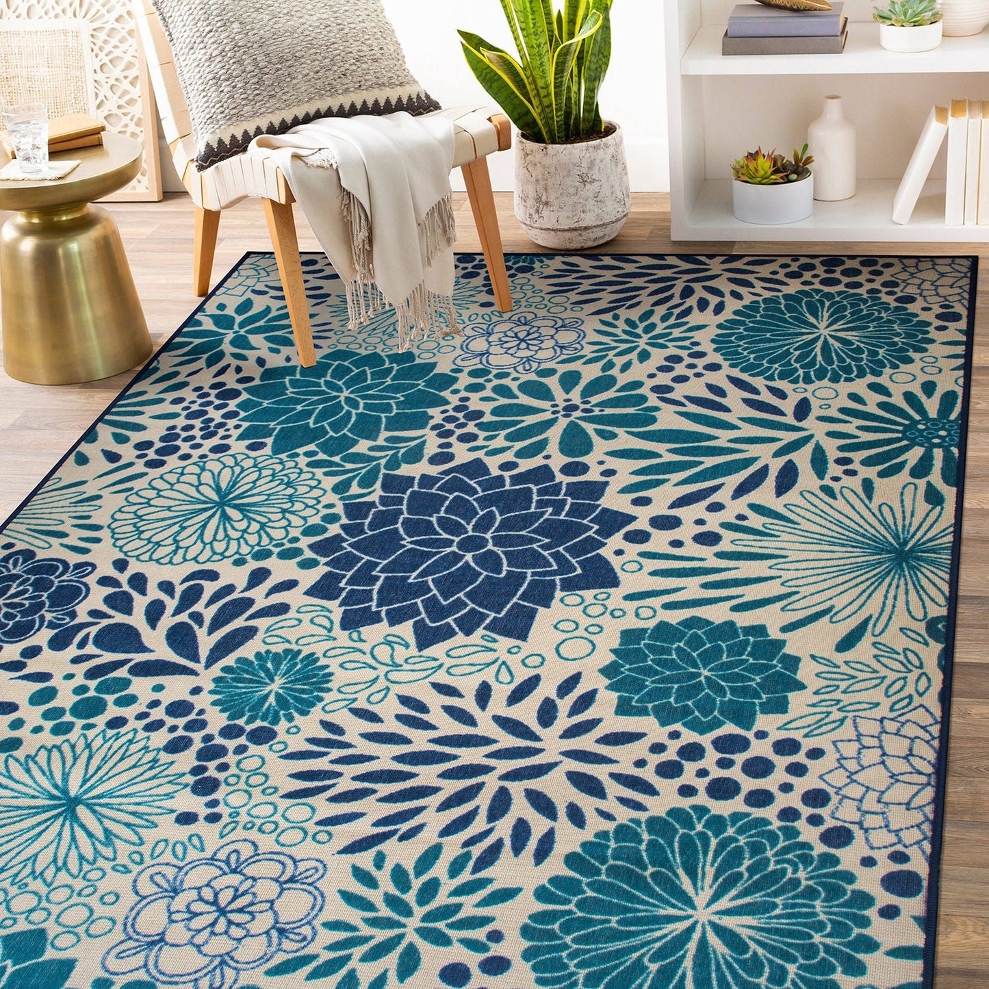 Tapis d'intérieur/extérieur tissé à plat à motifs floraux modernes