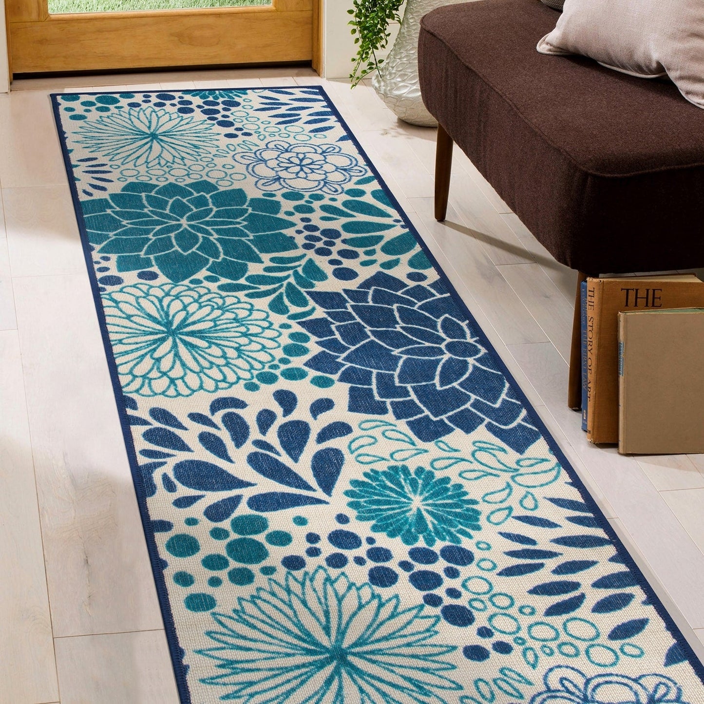 Tapis d'intérieur/extérieur tissé à plat à motifs floraux modernes
