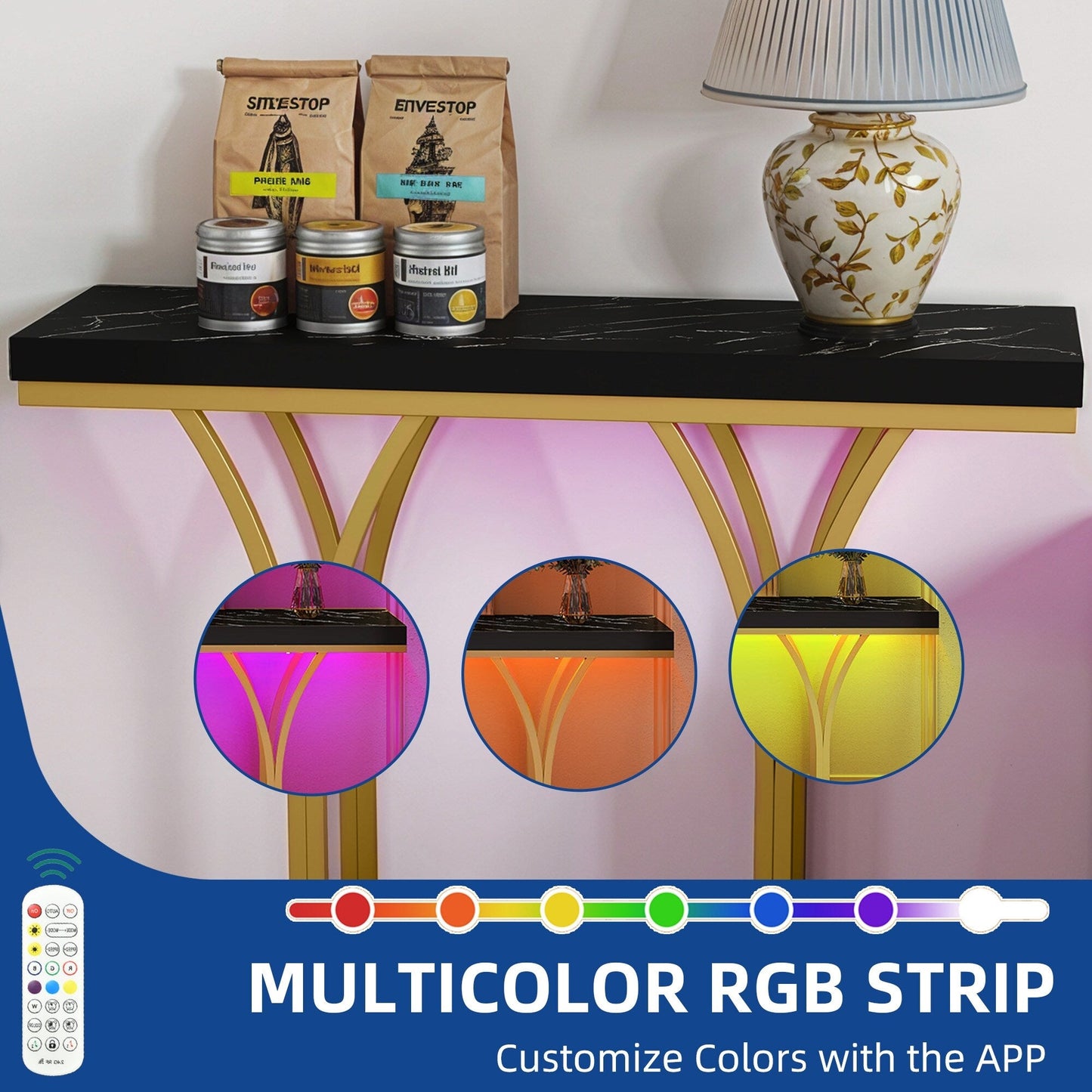 Console moderne dorée avec plateau en marbre pour entrée et couloir