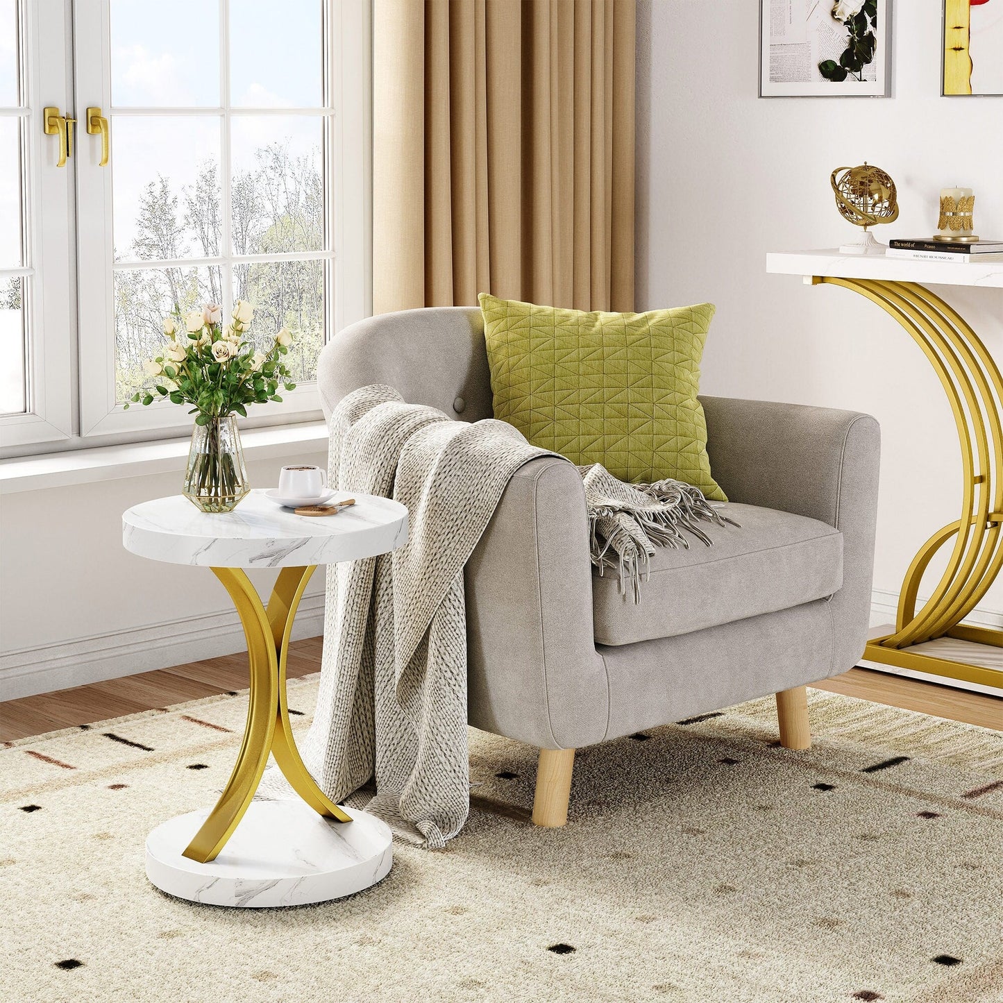 Console moderne dorée avec plateau en marbre pour entrée et couloir