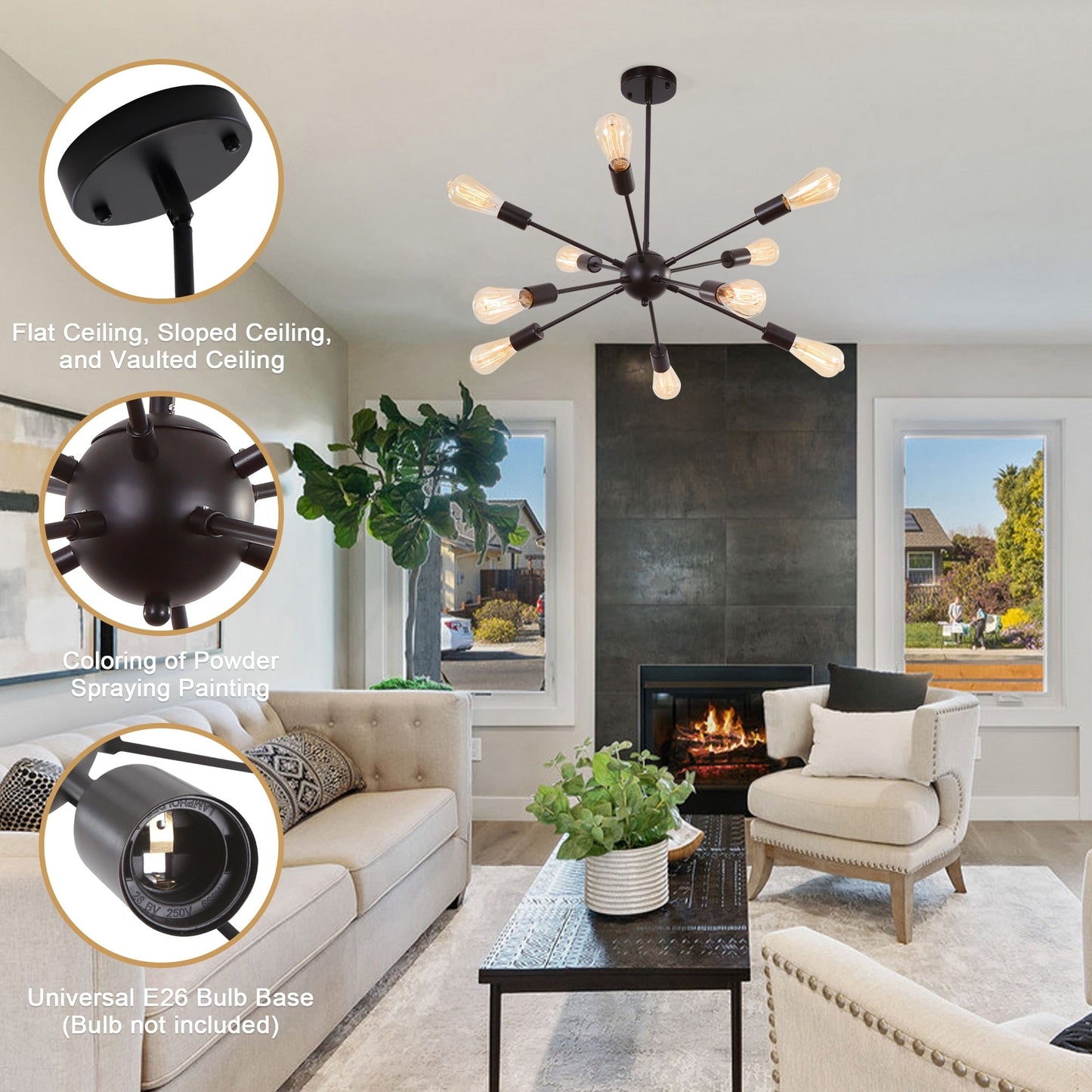 Lustre moderne Spoutnik à 10 lumières, plafonnier réglable pour cuisine, salle à manger, salon, chambre à coucher - N/A