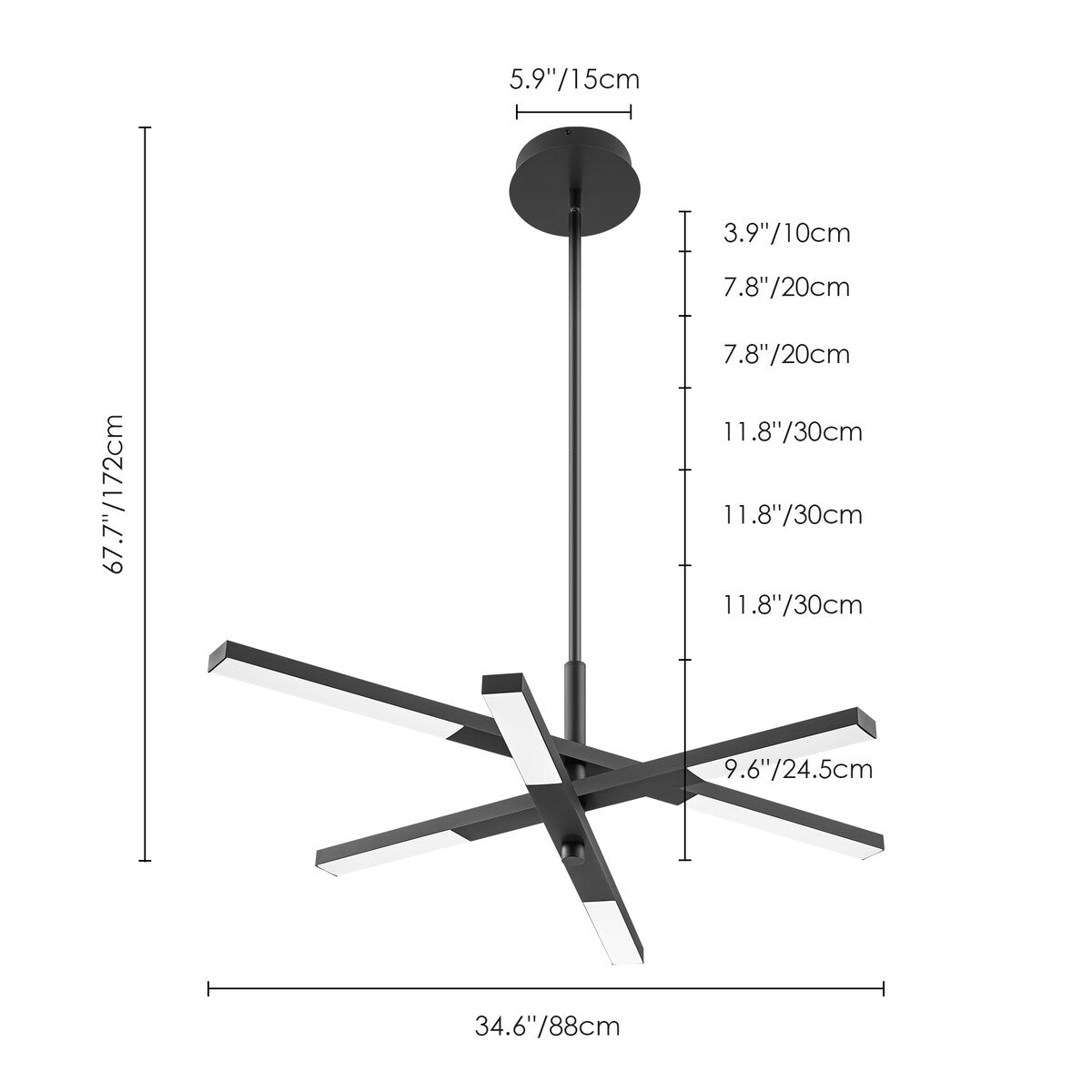 Lustre moderne à plusieurs niveaux Spoutnik linéaire, lumière chaude 3 000 K, LED intégrée