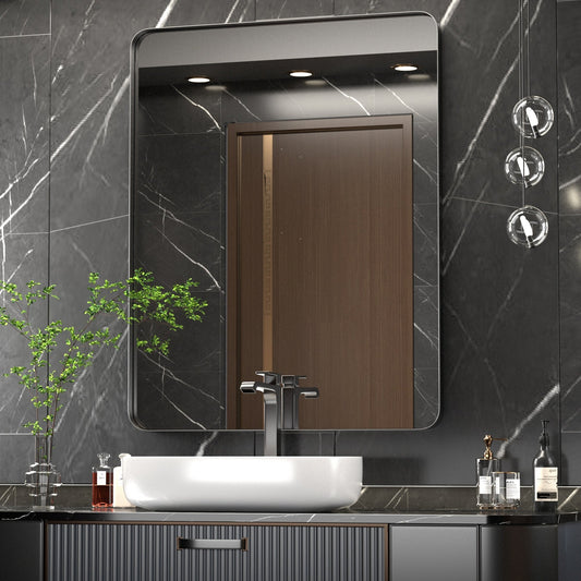 Miroir mural moderne, miroir rectangulaire avec cadre en métal, miroir de salle de bain avec miroir de courtoisie d'angle rond pour vertical/horizontal