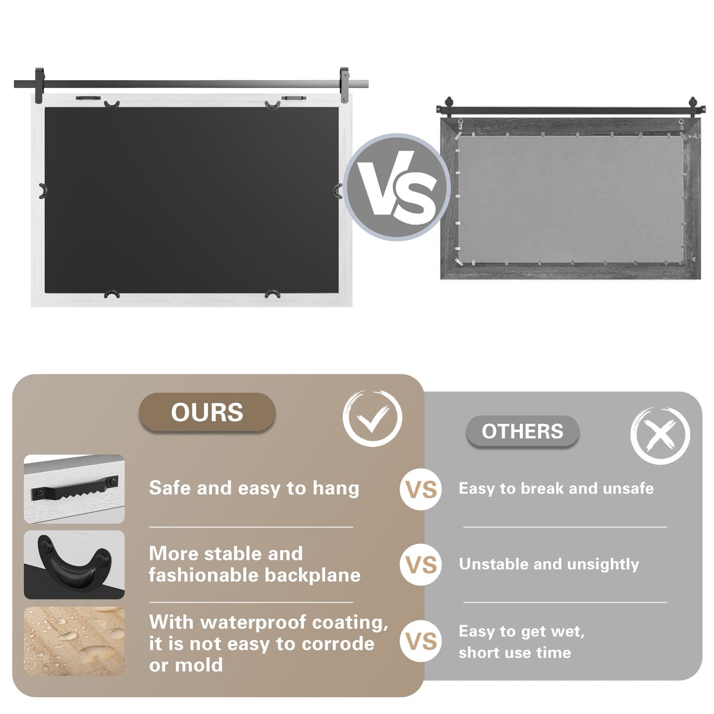 Miroirs muraux modernes, miroir rectangulaire avec cadre en bois, miroir de salle de bain, miroir de grange, miroir de porte de grange avec plusieurs tailles