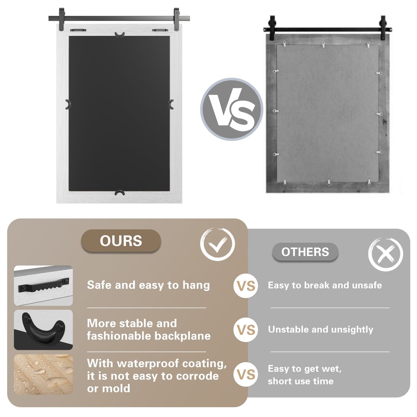 Miroirs muraux modernes, miroir rectangulaire avec cadre en bois, miroir de salle de bain, miroir de grange, miroir de porte de grange avec plusieurs tailles