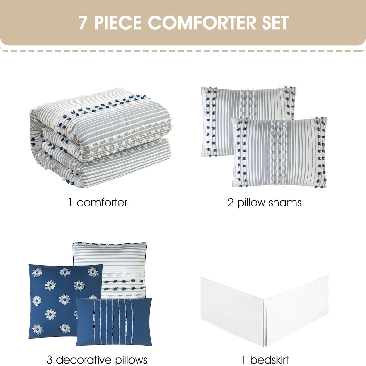 Ensemble de couette moderne à rayures Nanshing Jessy, 7 pièces