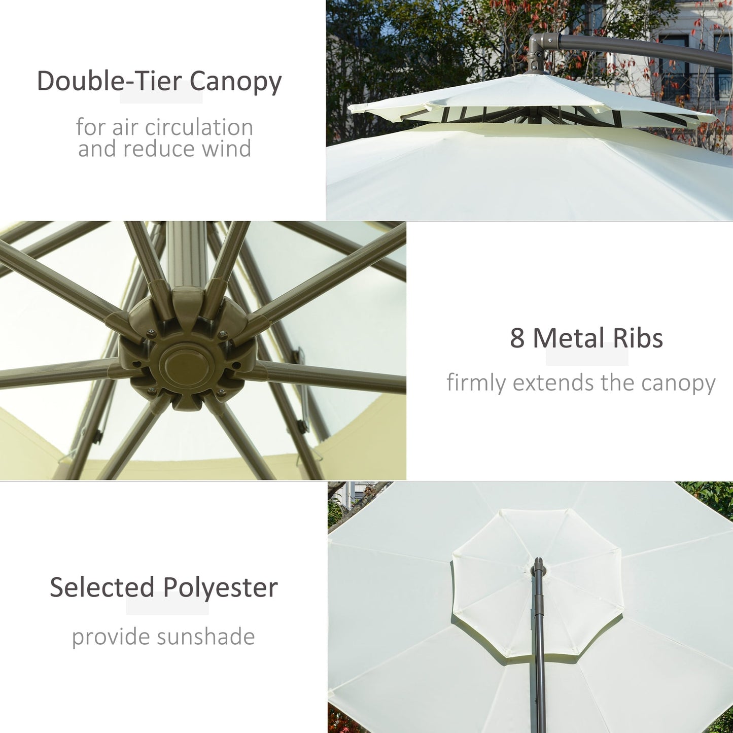 Parasol déporté Outsunny 9' à 2 niveaux avec manivelle, base croisée et 8 baleines, parasol de jardin déporté pour terrasse
