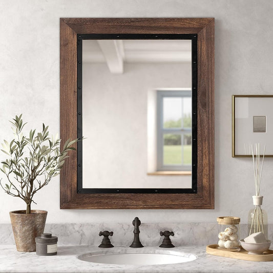 Miroir de salle de bain mural rustique en bois et fer encastré