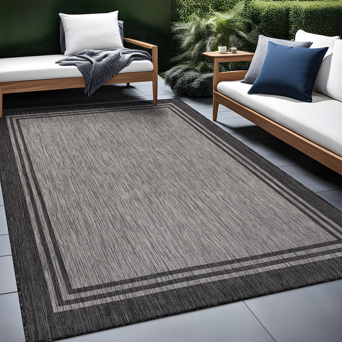 Tapis d'intérieur et d'extérieur lavable à bordures pour patio, terrasse et porche