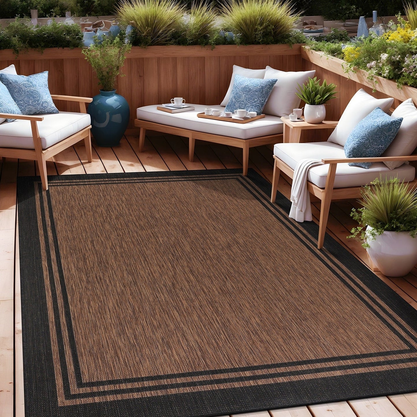 Tapis d'intérieur et d'extérieur lavable à bordures pour patio, terrasse et porche