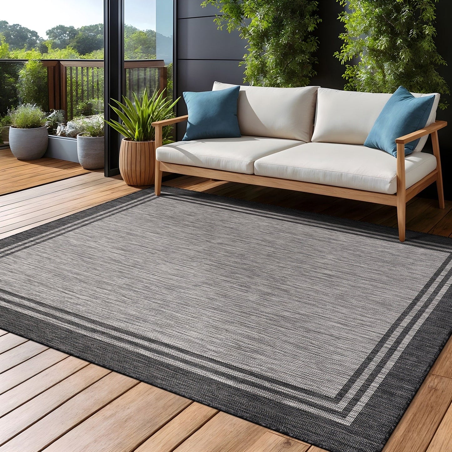 Tapis d'intérieur et d'extérieur lavable à bordures pour patio, terrasse et porche