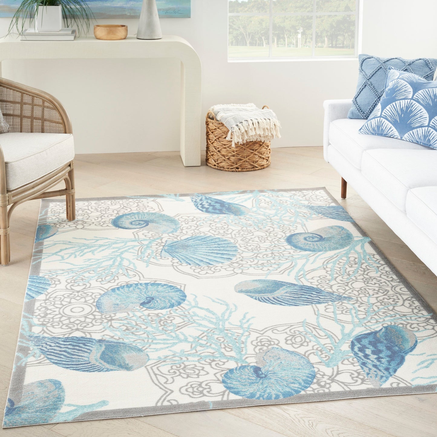 Tapis d'intérieur et d'extérieur Waverly Sun & Shade Shore Thing à motif de coquillages tropicaux et floraux