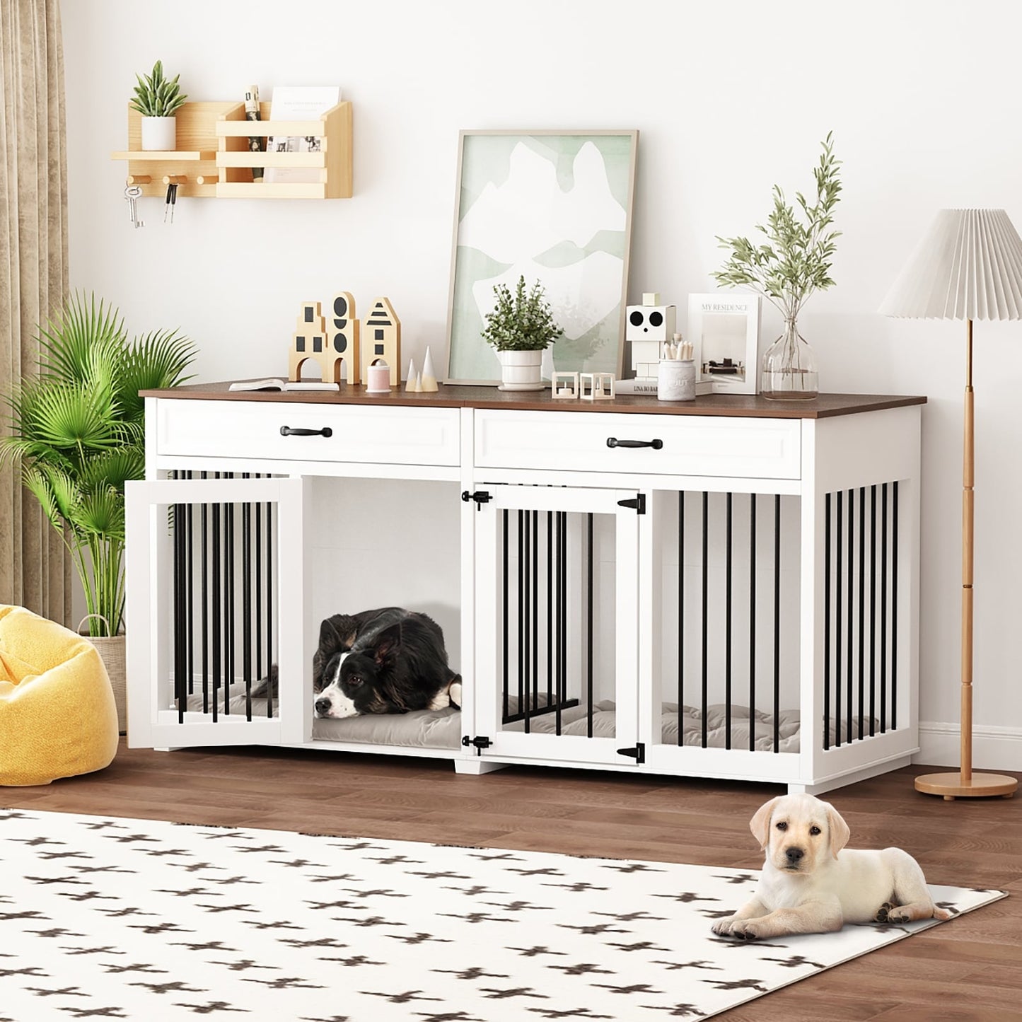 Cage double en bois pour chien avec 2 tiroirs et séparateur
