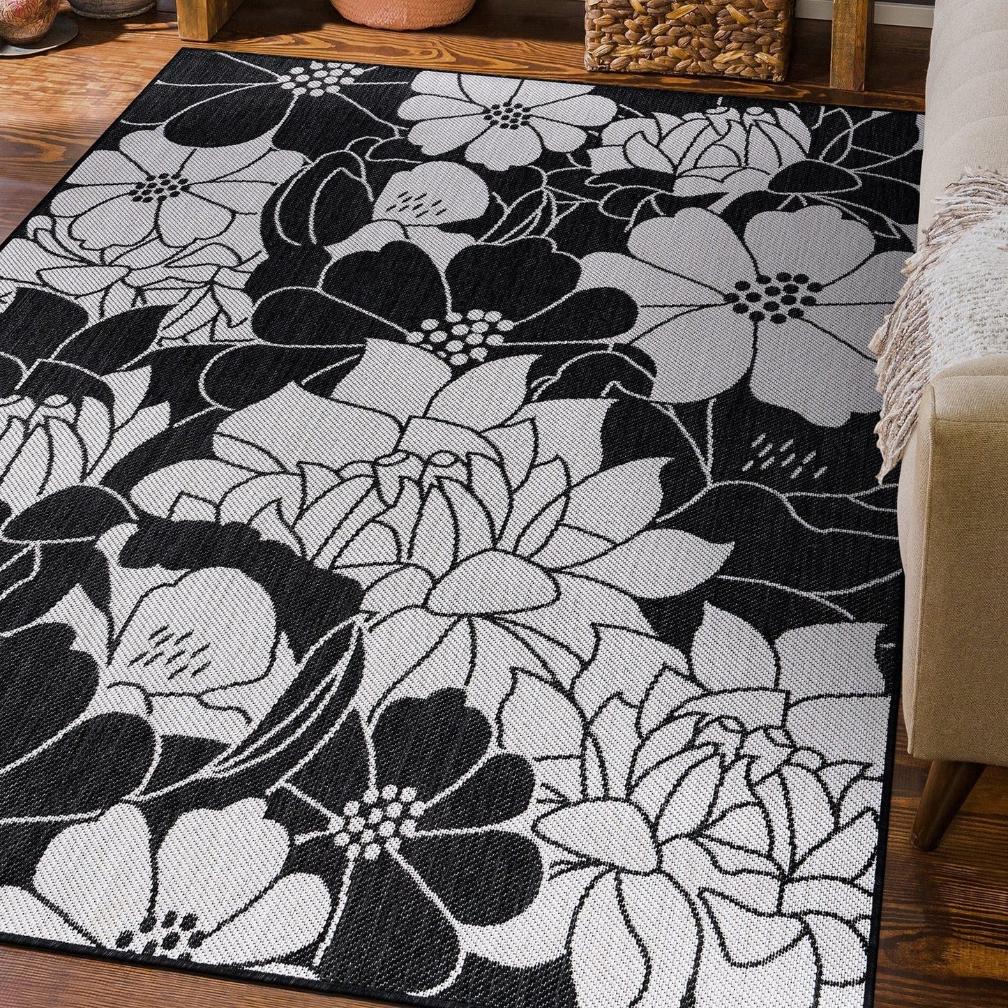 Tapis d'intérieur/extérieur texturé à motif floral moderne World Rug Gallery